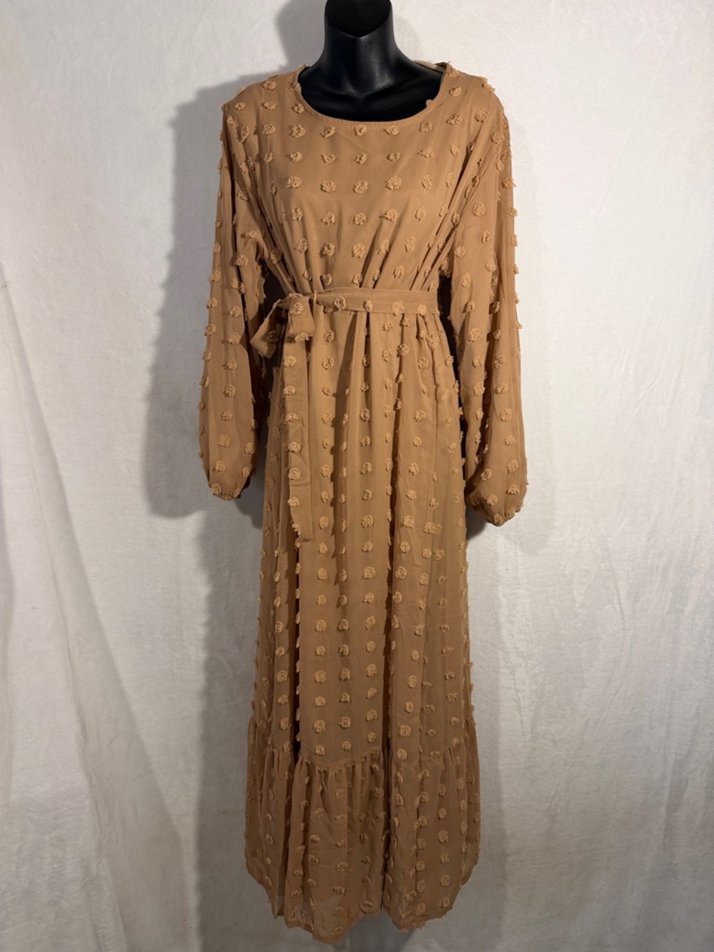 Textured Maxi Dress with Self-Tie Waist in Camel